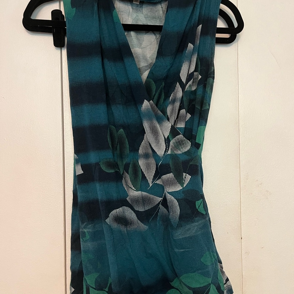 CAbi Teal and Black Leaf Print Top